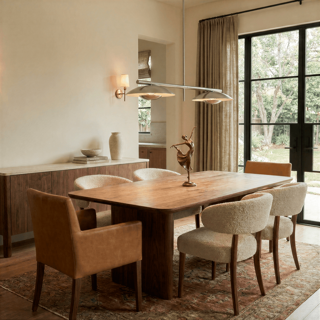 Clérachic chandelier in chrome over a wood dining table with a bronze figurine and glass garden doors.