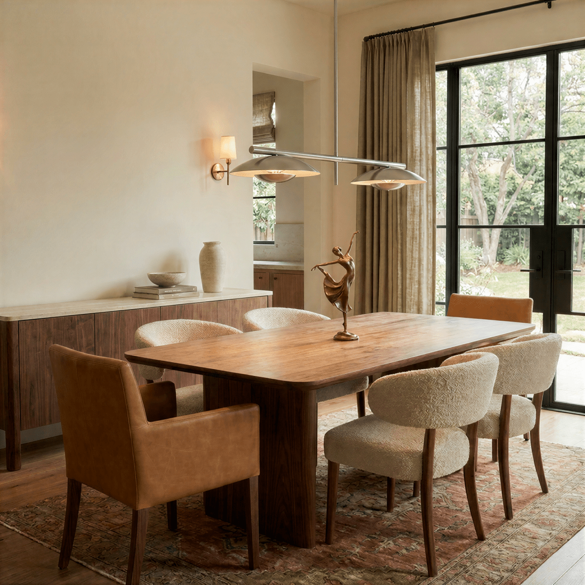 Clérachic chandelier in chrome over a wood dining table with a bronze figurine and glass garden doors.