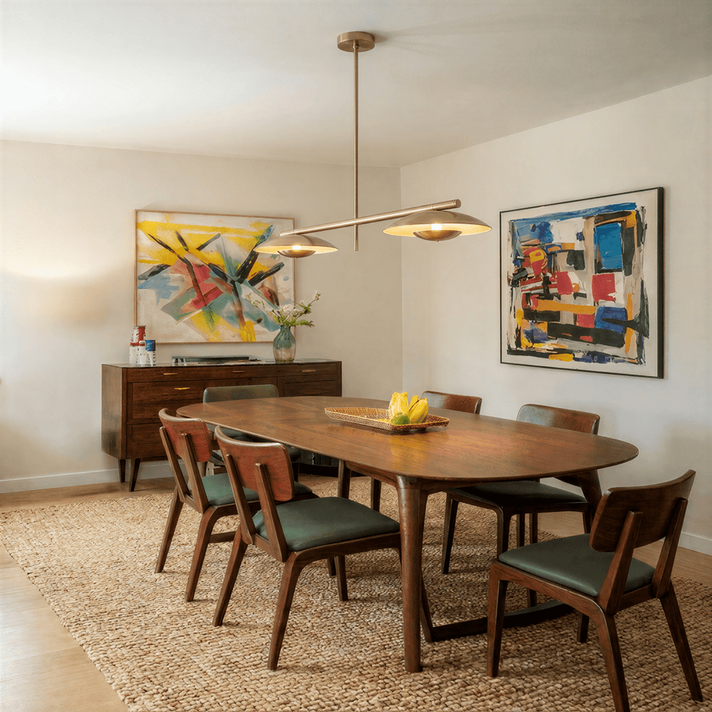 Clérachic chandelier in brass over a round dining table set beneath two colorful abstract paintings.