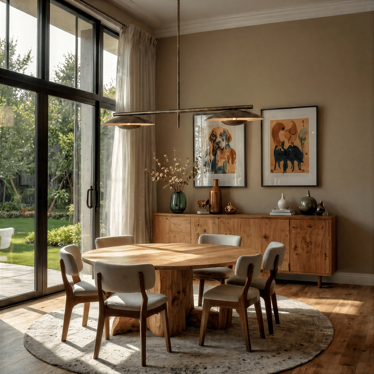 Clérachic chandelier lighting a round wood table beside glass garden doors and a framed dog portrait.