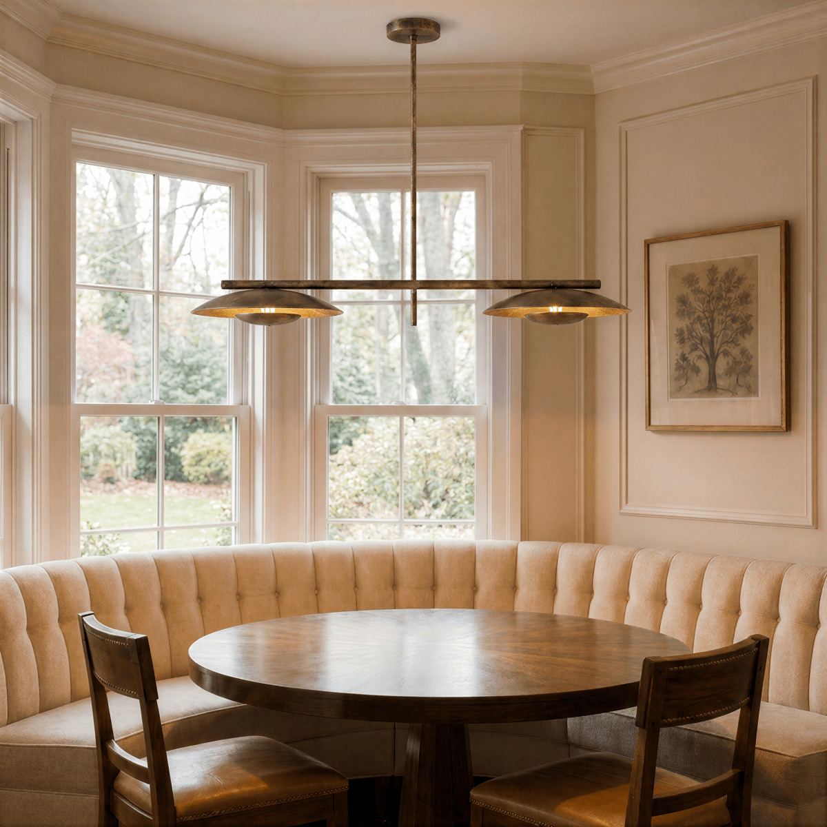 Clérachic chandelier in brass lighting a curved banquette table in a bay-window breakfast nook.