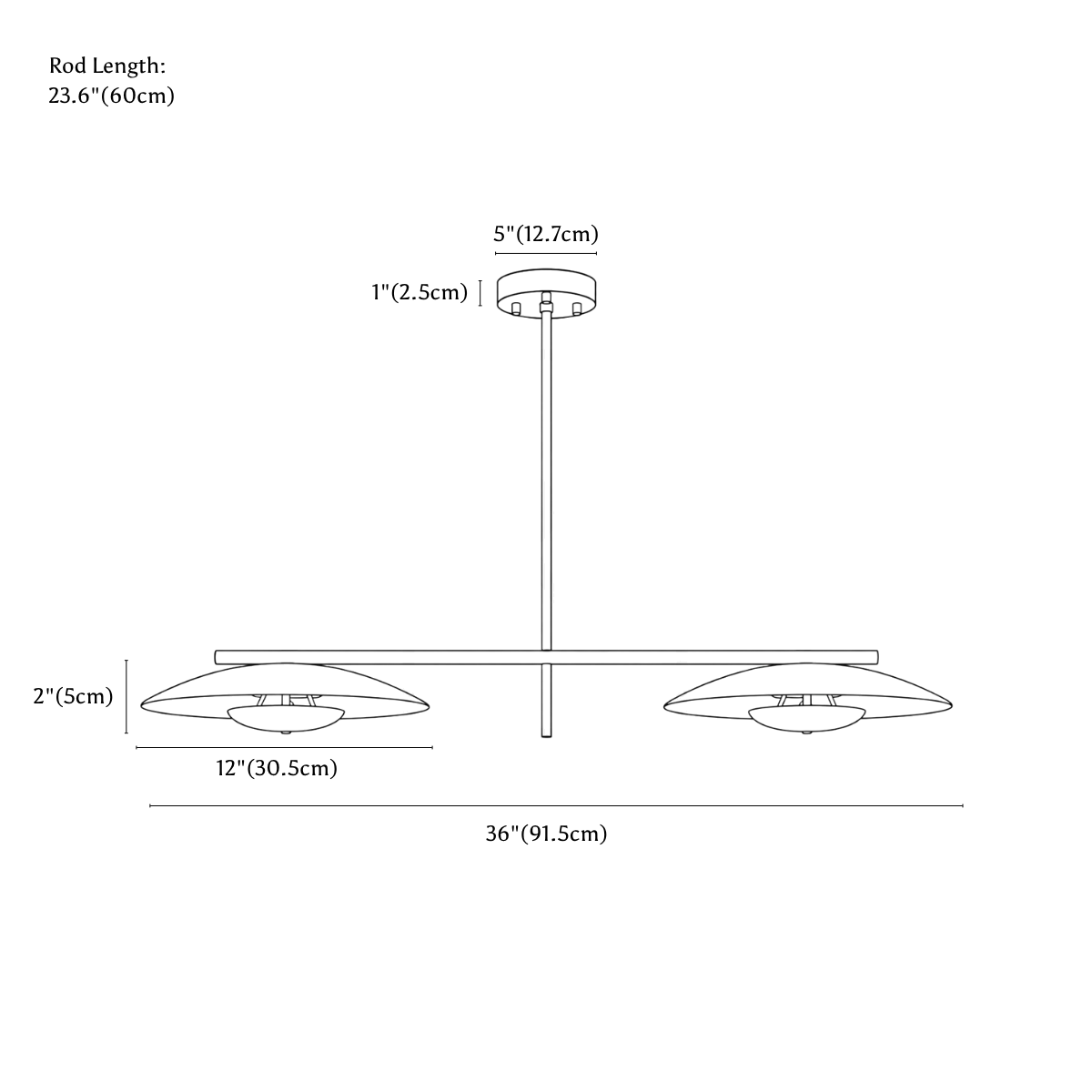 Clérachic chandelier dimension drawing, every measurement marked in centimetres and inches.