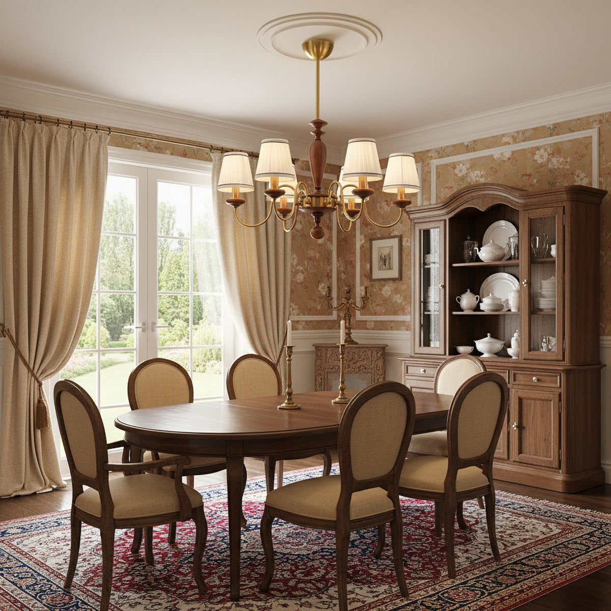 A Clérachic chandelier with pleated shades hanging over a round wooden dining table, with upholstered chairs and a glazed dresser behind.