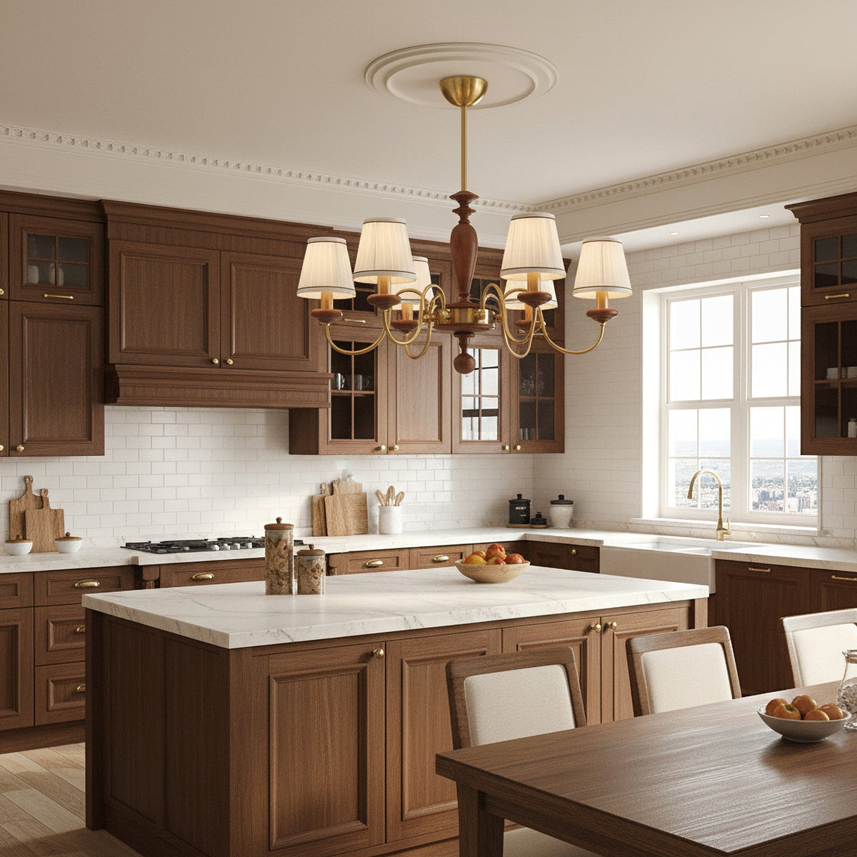 Clérachic walnut and gold chandelier above a marble kitchen island, with dark wood cabinets and white tiles in a bright kitchen.