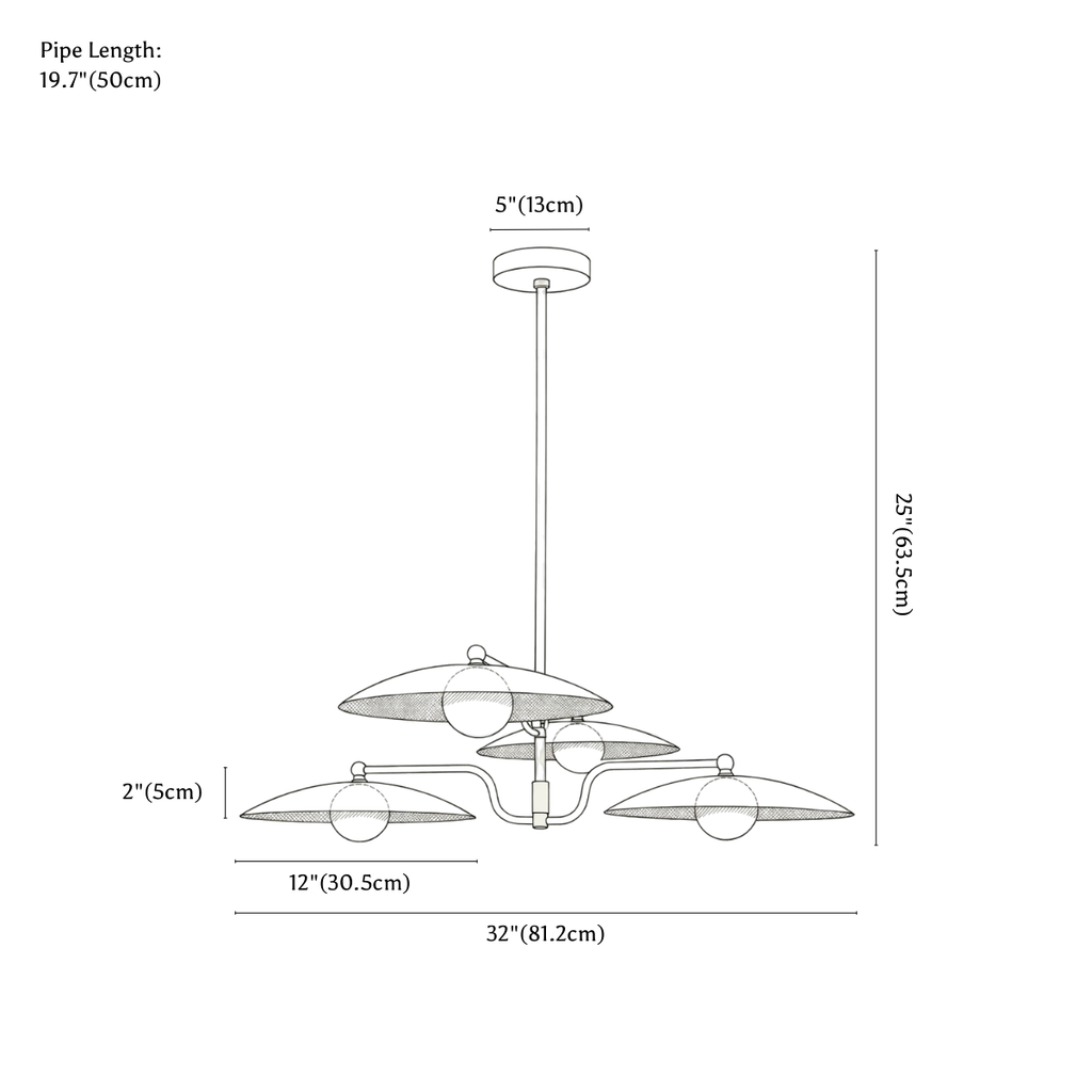 Clérachic chandelier dimension drawing, every measurement marked in centimetres and inches.