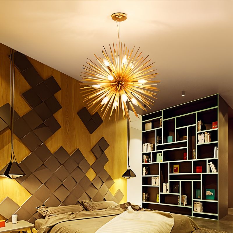 Clérachic gold spike chandelier glowing in a bedroom with a geometric wooden wall and a grid bookcase.