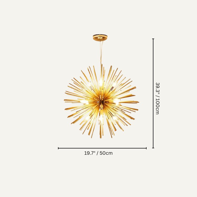 Clérachic gold spike chandelier on a plain ground with a 50 cm width and a 100 cm overall height marked.