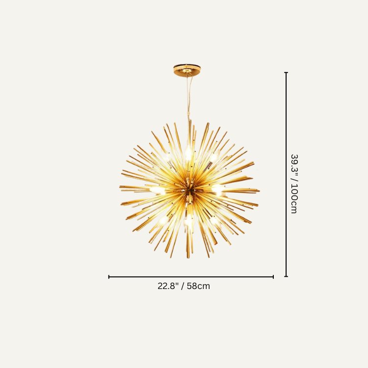 Clérachic gold spike chandelier on a plain ground with a 58 cm width and a 100 cm overall height marked.