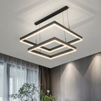 Clérachic two-tier black square LED chandelier with glowing edges, seen from below in a room with sheer curtains.