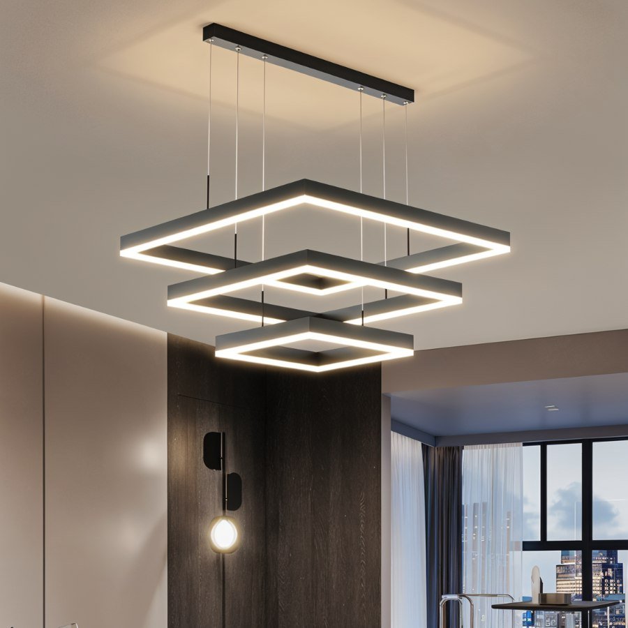 Clérachic three-tier black square LED chandelier with glowing edges, hung from a slim bar in a modern interior.