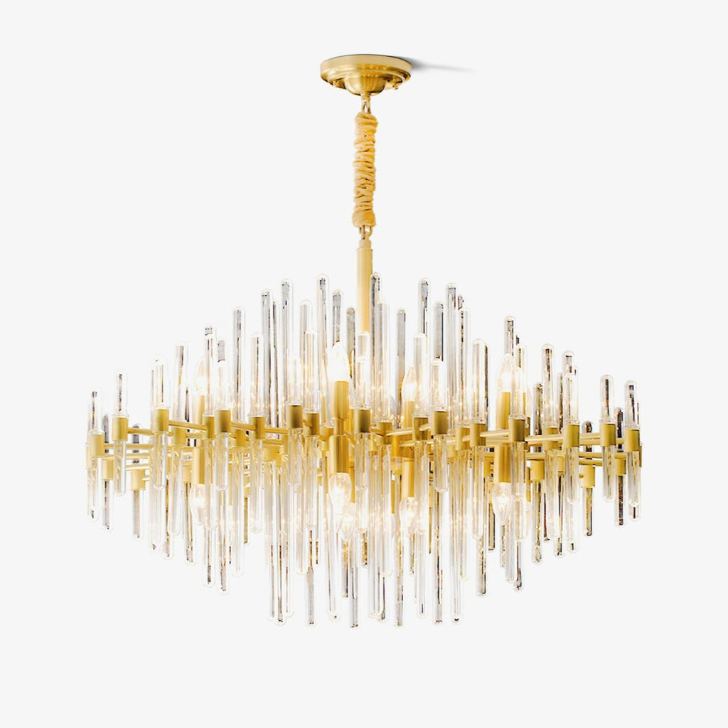 A Clérachic brass chandelier with tiers of clear glass rods and a covered chain, shown on a plain light backdrop.