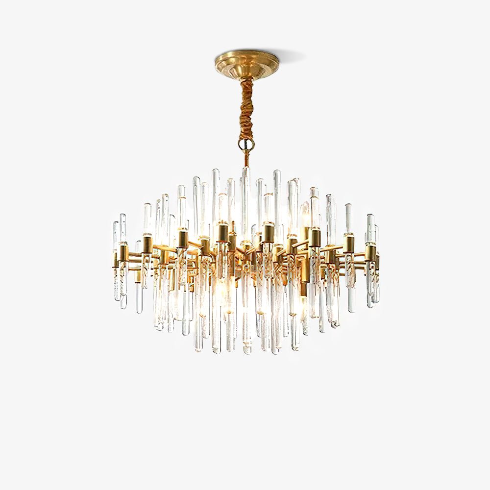 Clérachic chandelier of brass arms and clear glass rods on a light backdrop, hanging from a ceiling plate on a twisted gold-brown cover.