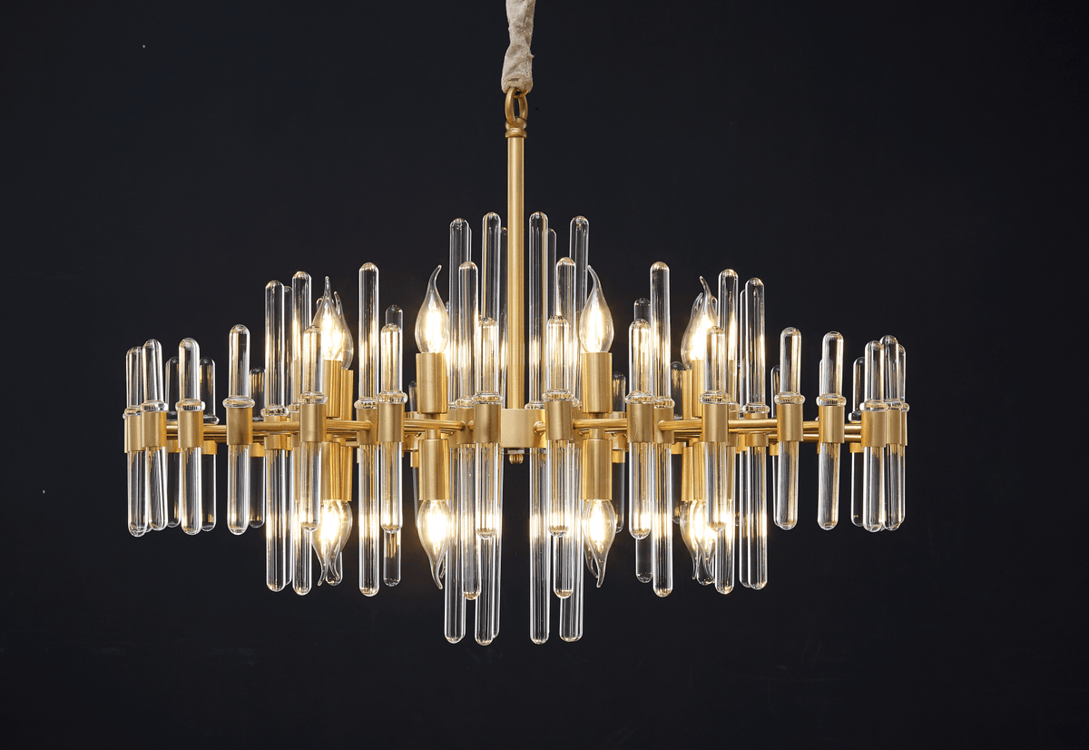 Wide Clérachic chandelier on a black backdrop, a row of candle-style bulbs sitting between upper and lower layers of glass rods.