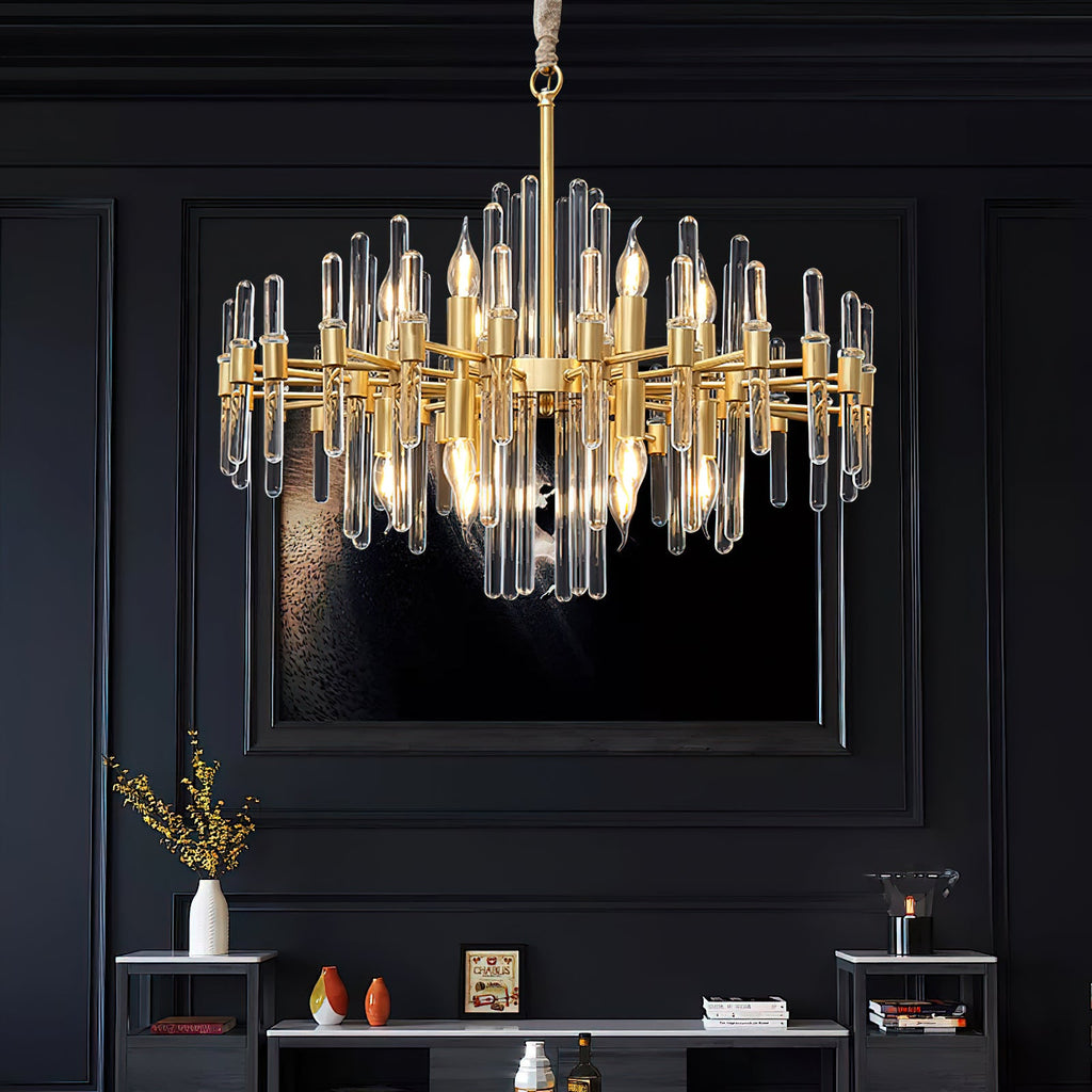 Above a console in a dark panelled room, this Clérachic chandelier lights up with candle-style bulbs among the clear glass rods.