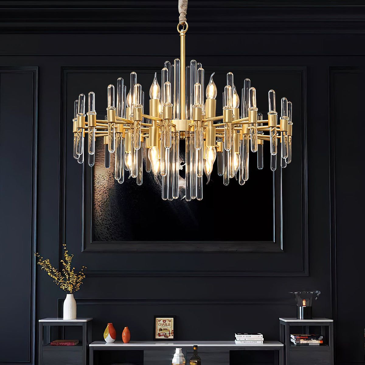 Above a console in a dark panelled room, this Clérachic chandelier lights up with candle-style bulbs among the clear glass rods.