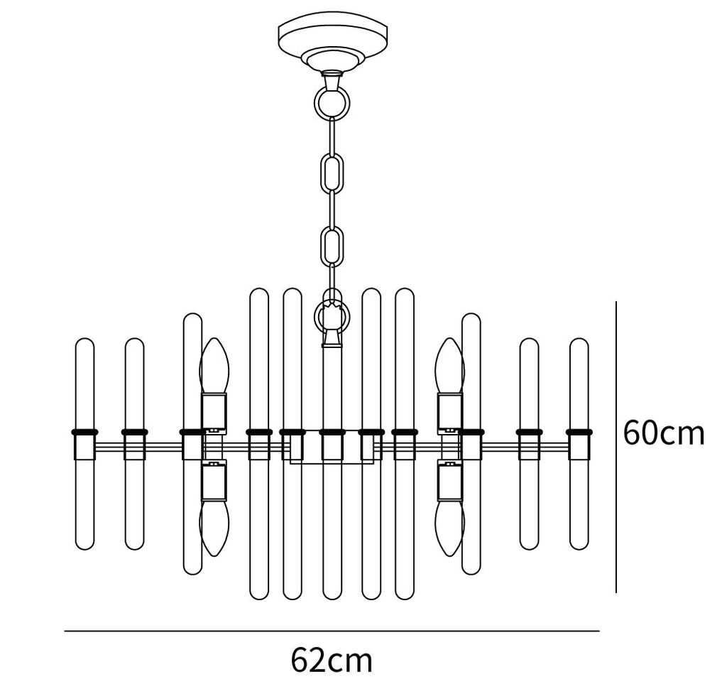 Dimension drawing of this Clérachic chandelier, with its 62 cm width and 60 cm height marked.