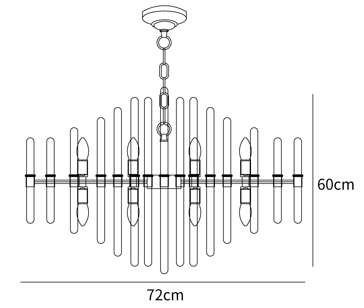 Dimension drawing of this Clérachic chandelier, with its 72 cm width and 60 cm height marked.