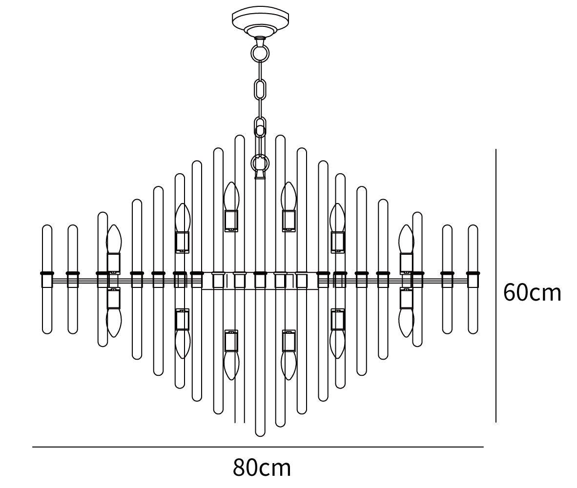 Dimension drawing of this Clérachic chandelier, with its 80 cm width and 60 cm height marked.