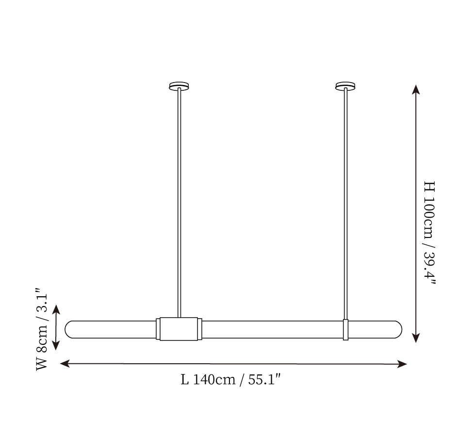 Dimension drawing of this Clérachic pendant light in its longer size, with its height and width marked.
