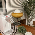 This Clérachic table lamp sits on a wooden table with a patterned runner, by a window with blinds and a tall plant.