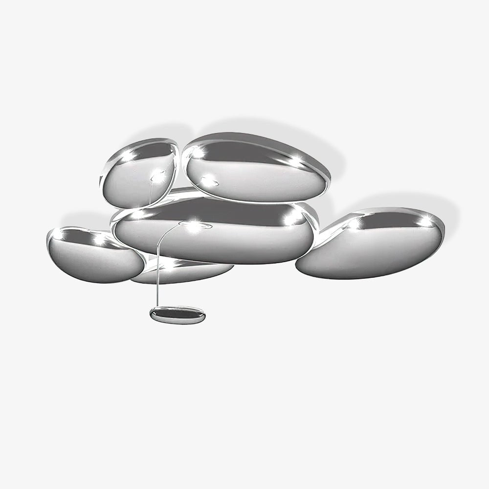 Clérachic 6-head Chrome Ceiling Light on a pale studio ceiling, a small oval LED hanging from a slim rod.