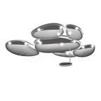 Clérachic 6-head Chrome Ceiling Light on white, six lit chrome pebbles with a smaller matching pebble hanging below.