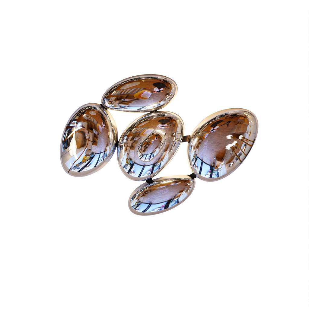 Clérachic 5-head Chrome Ceiling Light on white, five mirrored pebbles joined by short dark metal links.