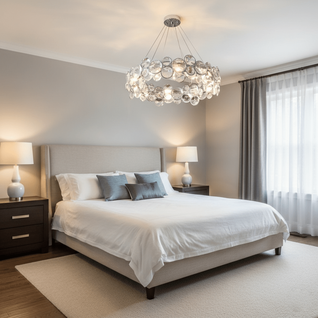 A Clérachic crystal ring chandelier hangs over a king bed with white linen and slate-blue cushions in a calm grey bedroom.