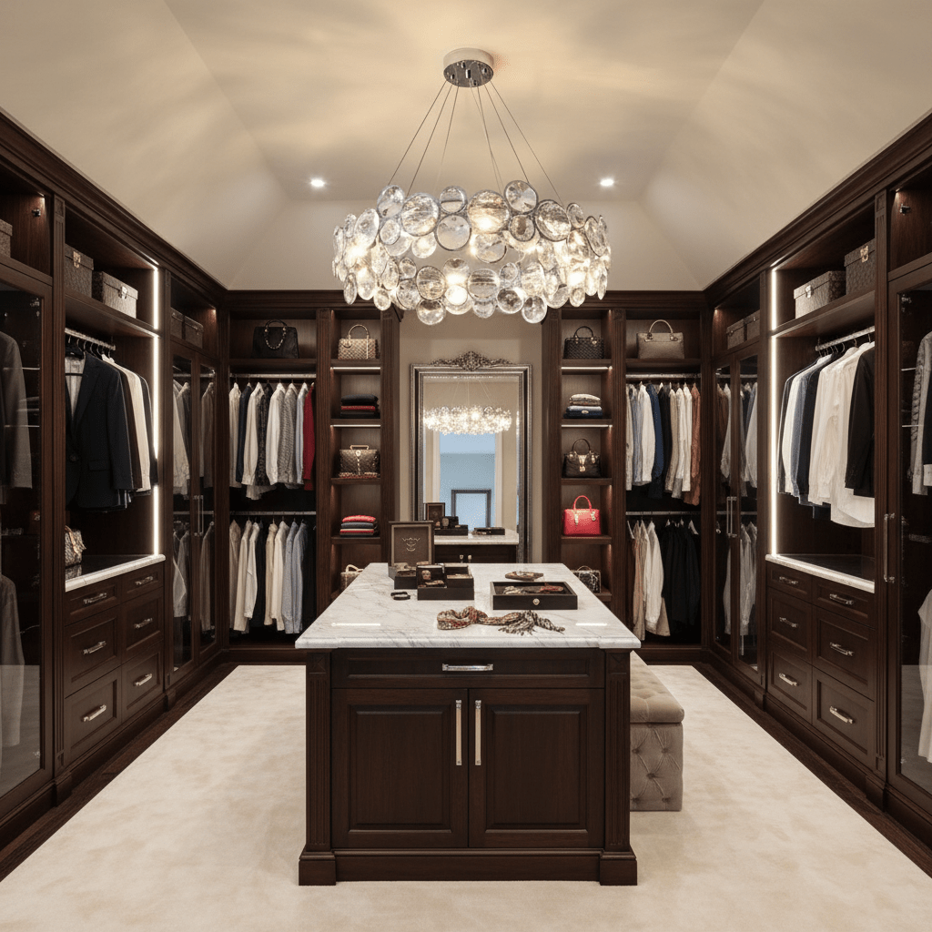 Clérachic crystal chandelier above the central island of a walk-in dressing room lined with dark wood wardrobes.
