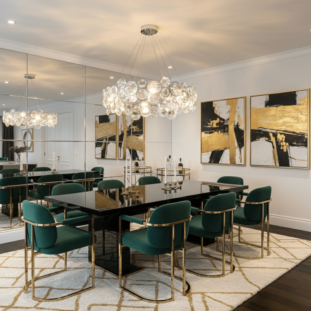 Clérachic crystal chandelier in a mirrored dining room, with emerald chairs and two gold and black abstract canvases.