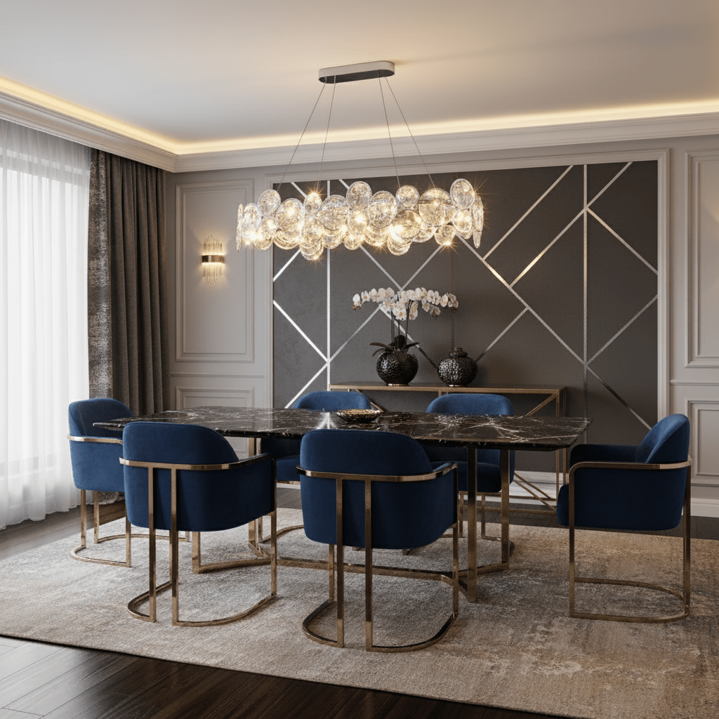 Oval Clérachic crystal chandelier above a dining table with navy chairs, in front of a grey panelled feature wall.