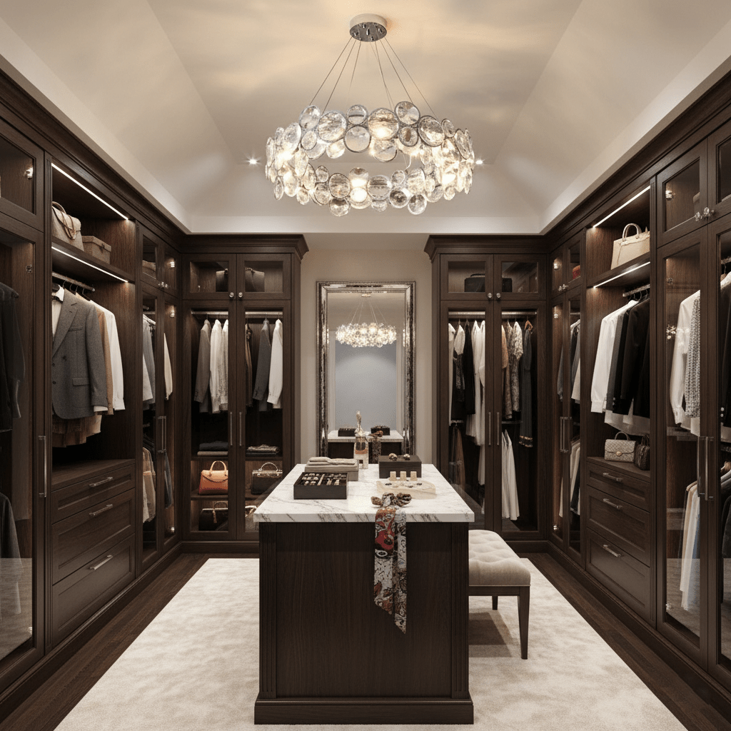 A Clérachic round crystal chandelier hangs in a dressing room with glass-fronted wardrobes and a marble-topped island.