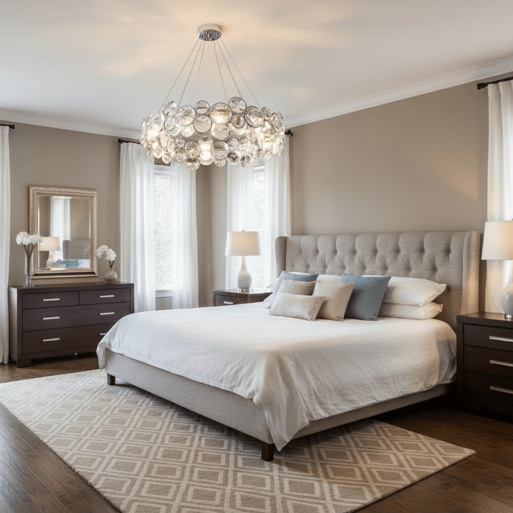 Clérachic crystal ring chandelier above a bed with a tufted headboard, in a neutral bedroom with a patterned rug.