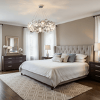 Clérachic crystal ring chandelier above a bed with a tufted headboard, in a neutral bedroom with a patterned rug.