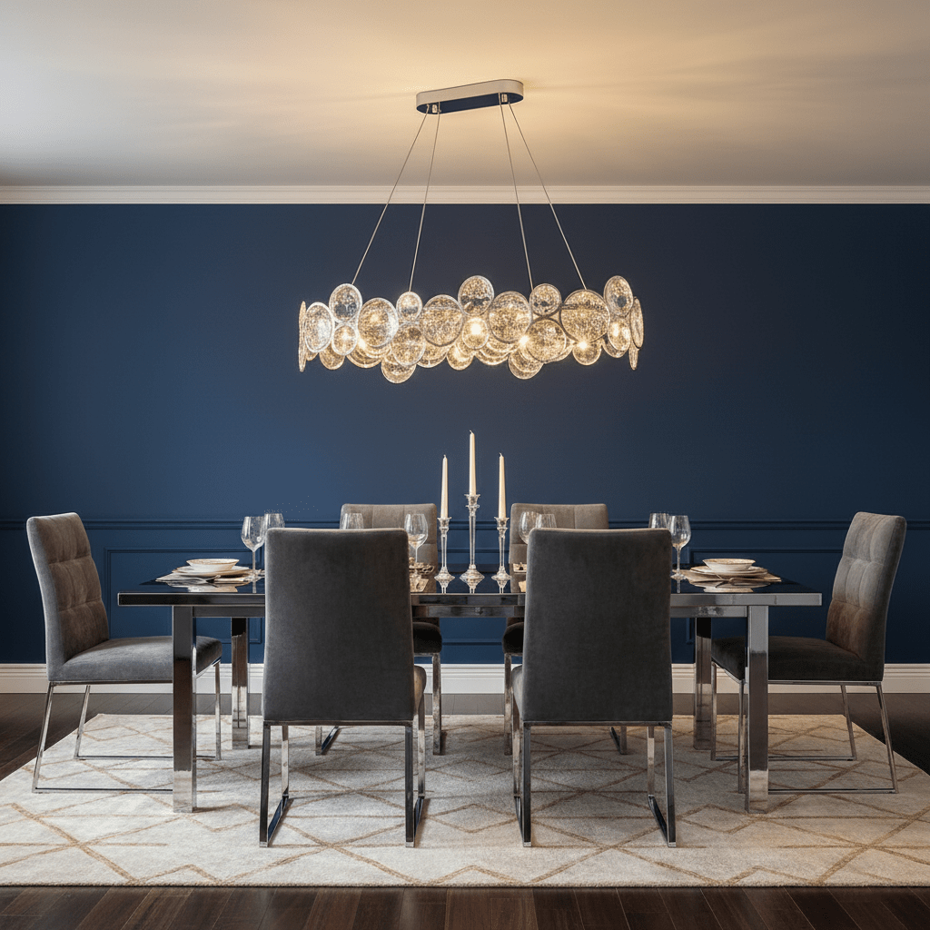 Oval Clérachic crystal chandelier above a glass-topped dining table with grey chairs, against a deep blue panelled wall.