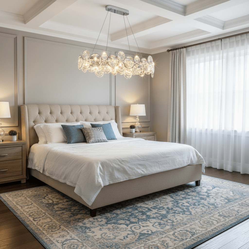 Oval Clérachic crystal chandelier above a bed with a buttoned headboard, a blue patterned rug and tall windows.