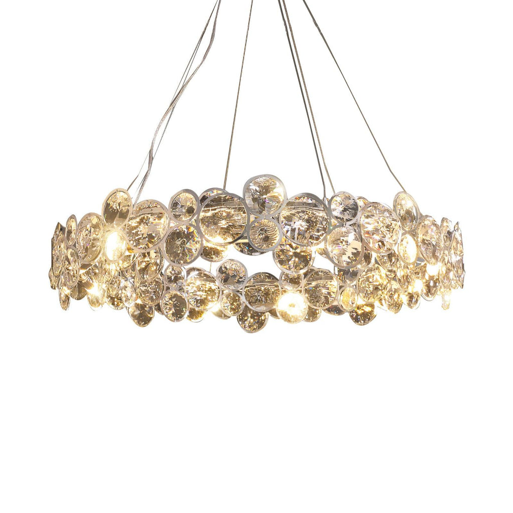 Lit round Clérachic crystal chandelier on thin cables, cut out on a plain white background.