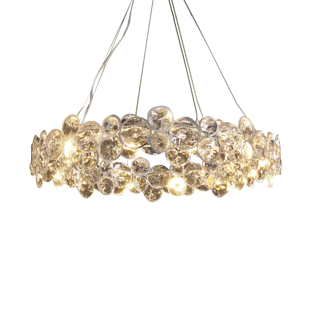 Lit round Clérachic crystal chandelier on thin cables, cut out on a plain white background.