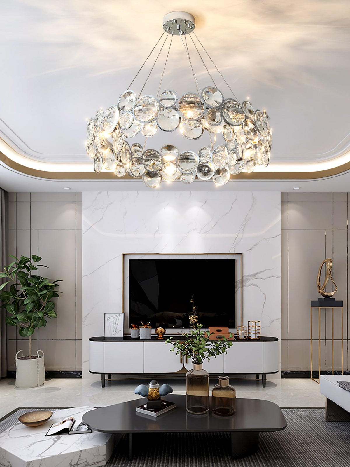 A Clérachic crystal chandelier hangs in a living room with a marble wall and a low black coffee table.