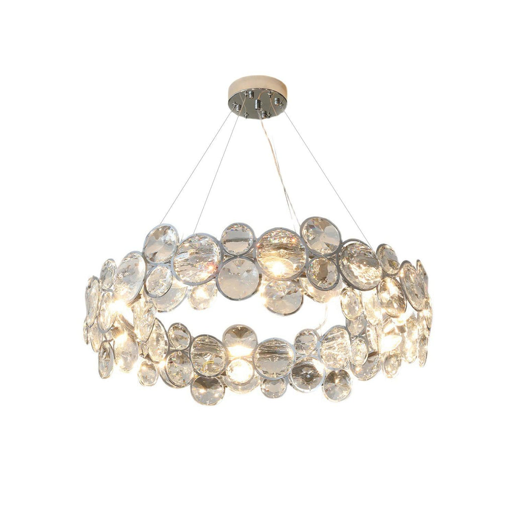 Larger round Clérachic crystal chandelier with two rings of discs, cut out on a white background.