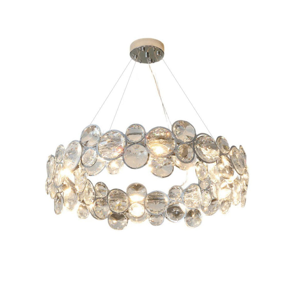 Straight-on view of this Clérachic chandelier, with its double ring of clear crystal discs on a white background.