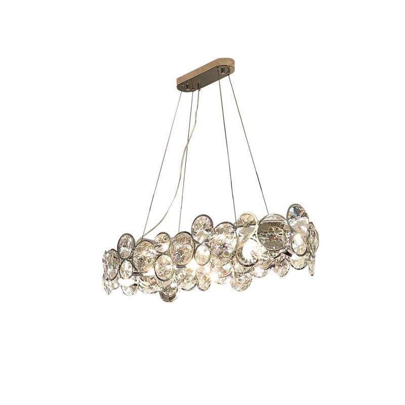 Oval Clérachic crystal chandelier from a slightly different angle, on a plain white background.