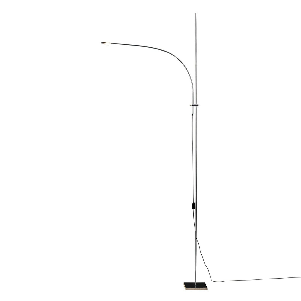 A Clérachic chrome floor lamp with a long curved arm and trailing cord, shown full height on a plain white backdrop.