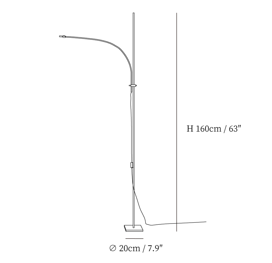 Dimension drawing of this Clérachic floor lamp, with its height of 160 cm and base diameter of 20 cm marked.