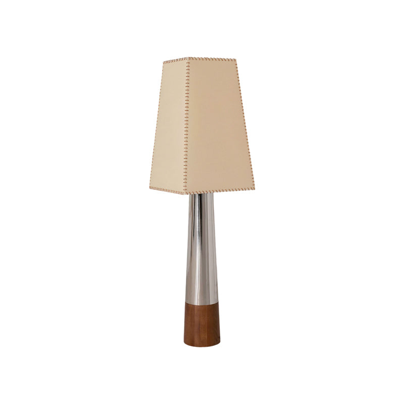 Cut-out view of this Clérachic floor lamp, showing the beige tapered shade, polished chrome stem and walnut-coloured foot.