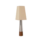 Cut-out view of this Clérachic floor lamp, showing the beige tapered shade, polished chrome stem and walnut-coloured foot.