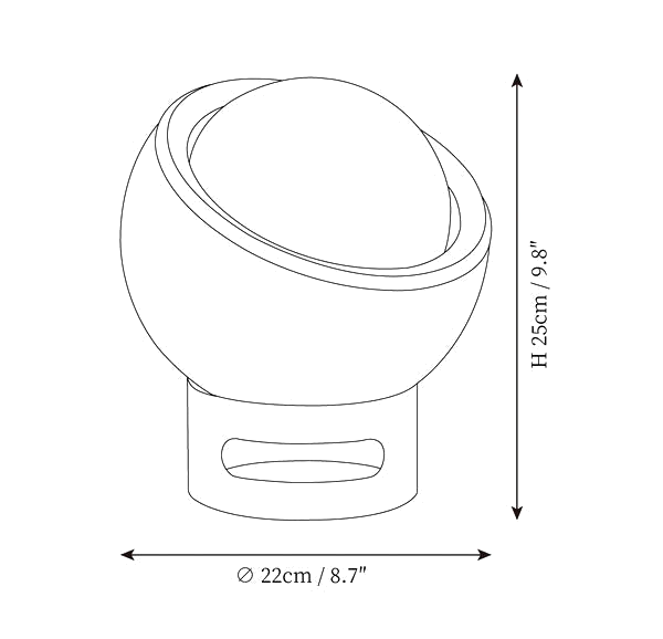 Clérachic table lamp dimension drawing, every measurement marked in centimetres and inches.