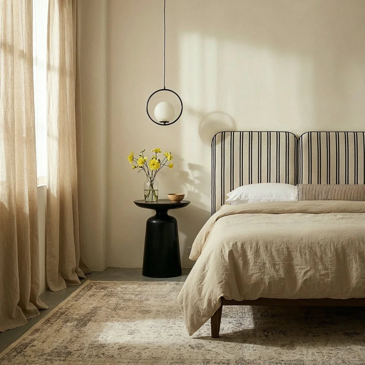 Clérachic Cells pendant light in Circle, Black, hung beside a striped bed headboard and a dark round side table.