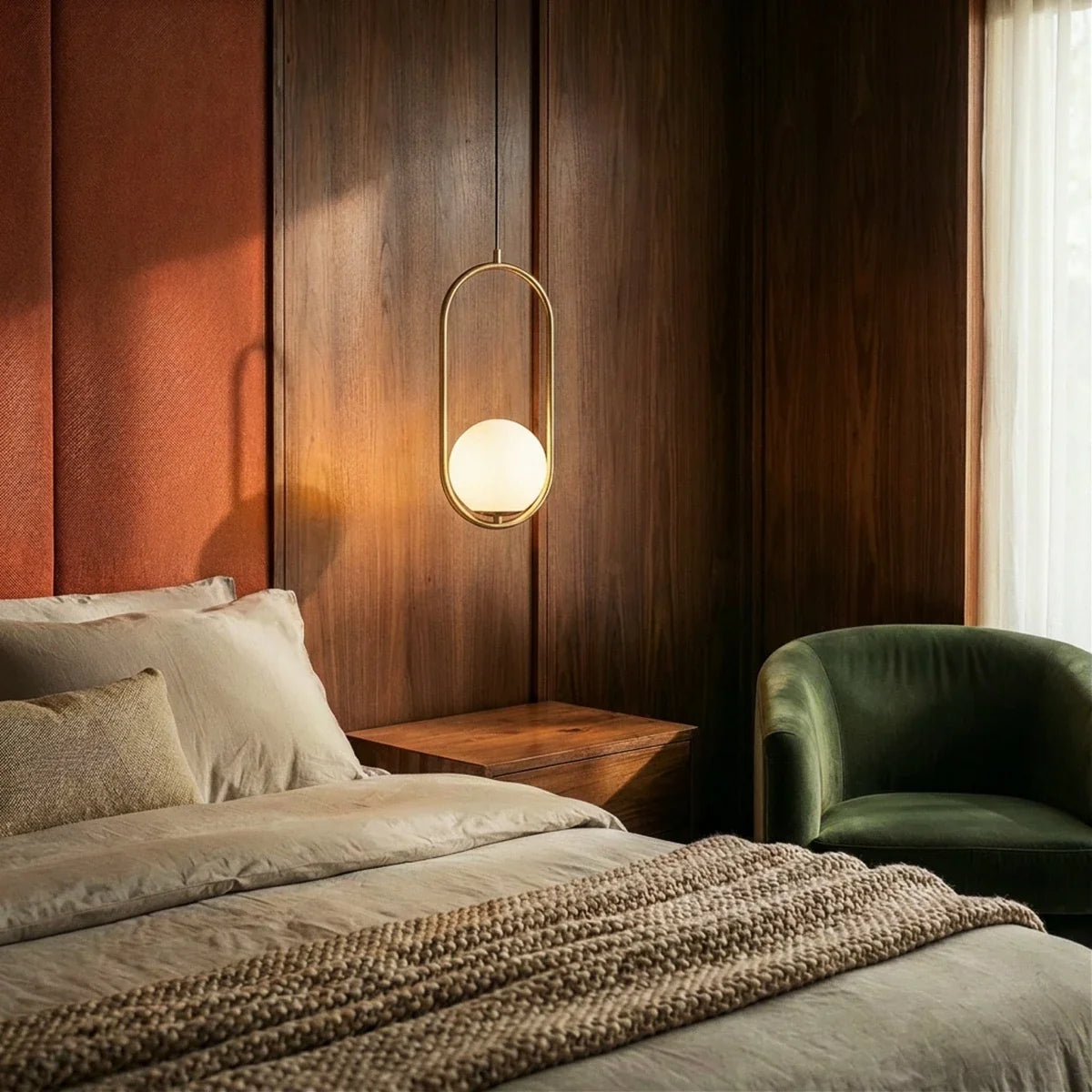 Clérachic Cells pendant light in Oval, Brass, glowing beside a walnut-panelled headboard and a green bedroom chair.