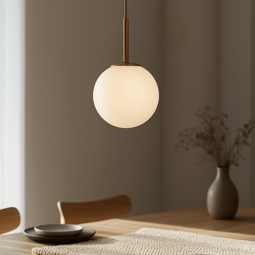Clérachic Cells pendant light in Straight, Brass, glowing above a wooden dining table set with plates and a vase.